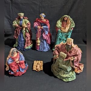 7 Piece Paper Mache Nativity Set Crepe Handcrafted Figures Large 13″ w/ Box Vtg